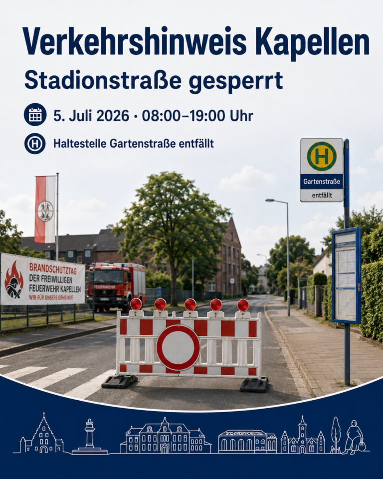 Vollsperrung der Stadionstraße in Grevenbroich-Kapellen am 05.07.2026