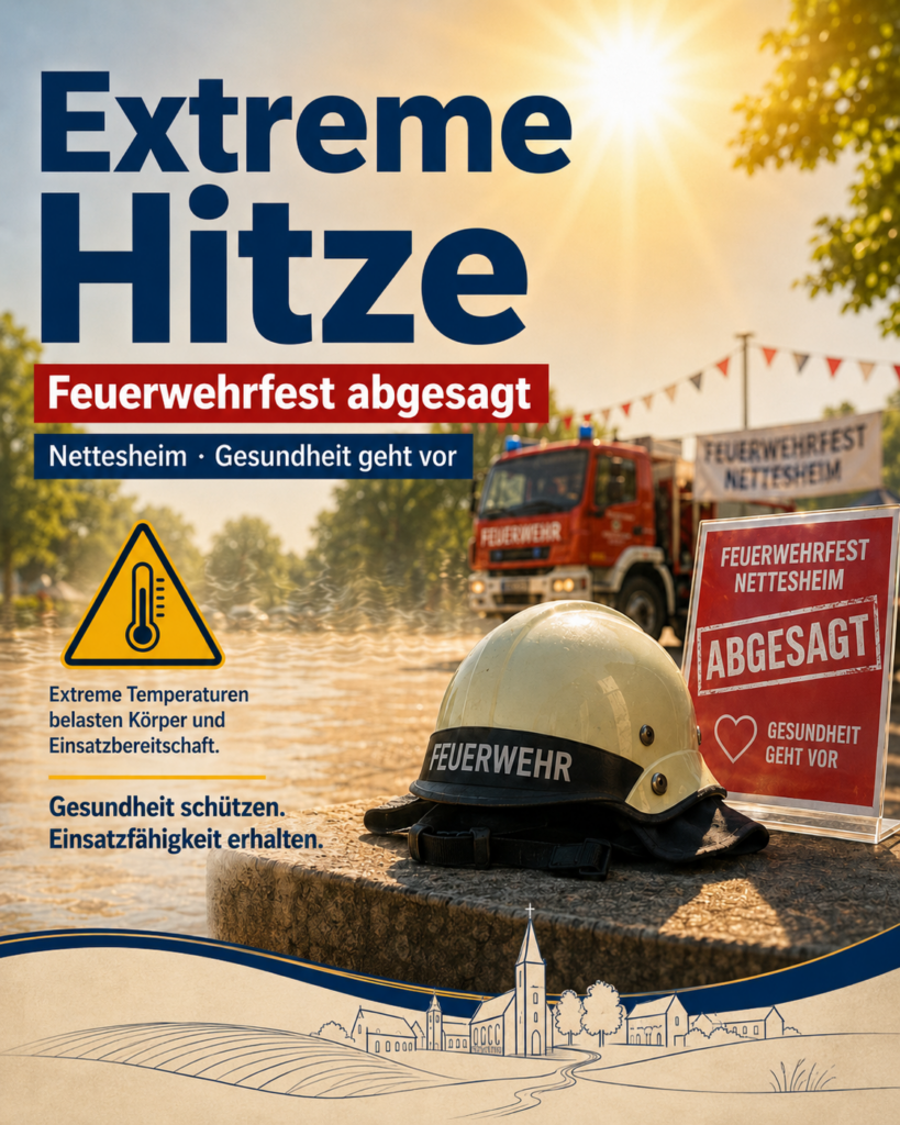 Extreme Hitzewelle: Gemeinde Rommerskirchen sagt Feuerwehrfest in Nettesheim ab – Bürgermeister appelliert zu besonderer Vorsicht Extreme Hitzewelle: Gemeinde Rommerskirchen sagt Feuerwehrfest in Nettesheim ab – Bürgermeister appelliert zu besonderer Vorsicht