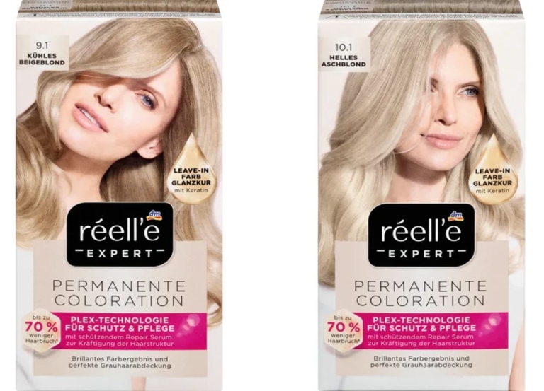 „réell‘e EXPERT Permanente Coloration Kühles Beigeblond 9.1“ und „réell‘e EXPERT Permanente Coloration Helles Aschblond 10.1“