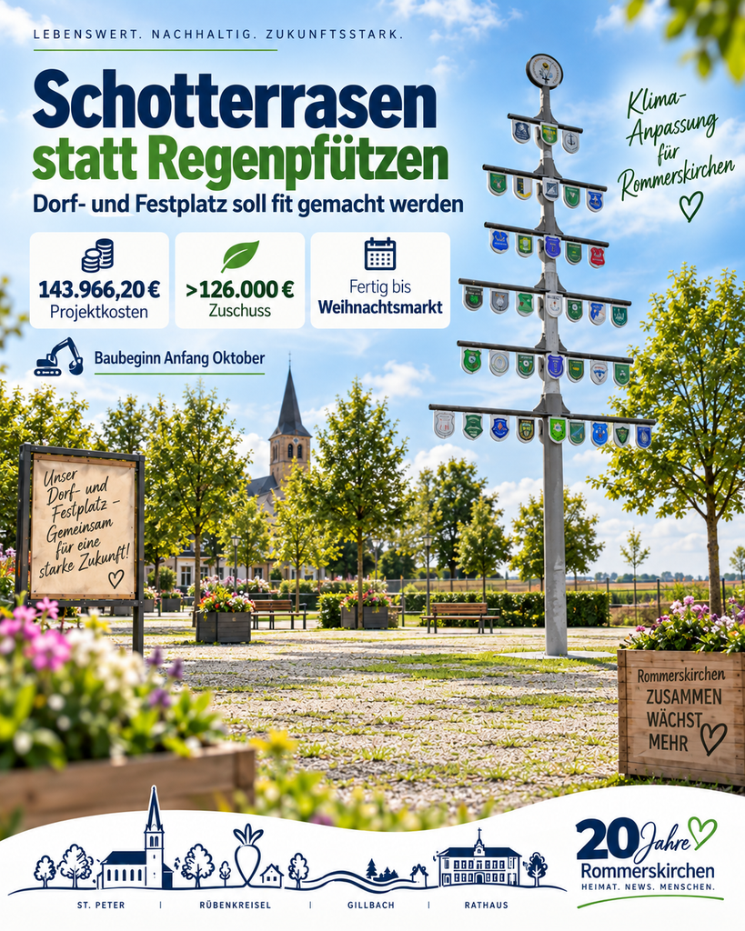🌧️ Weniger Pfützen auf dem Rommerskirchener Dorf- und Festplatz 🌧️ Weniger Pfützen auf dem Rommerskirchener Dorf- und Festplatz