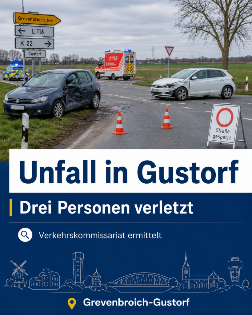 POL-NE: Drei Verletzte nach Unfall in Gustorf POL-NE: Drei Verletzte nach Unfall in Gustorf